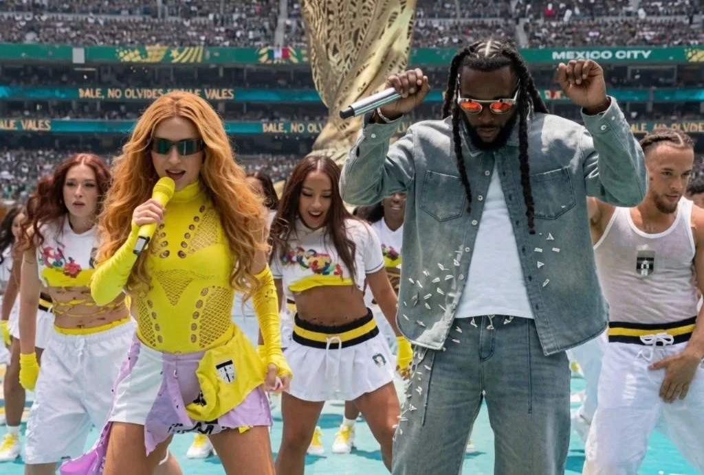Shakira performs during the 2026 FIFA World Cup opening ceremony in Mexico City, closing the show with Burna Boy on “Dai Dai” as fireworks and stadium visuals lit up the night