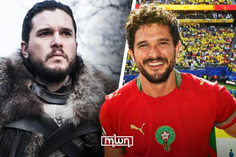 Kit Harington wearing Moroccan Jersey during 2026 World Cup game vs Brazil.