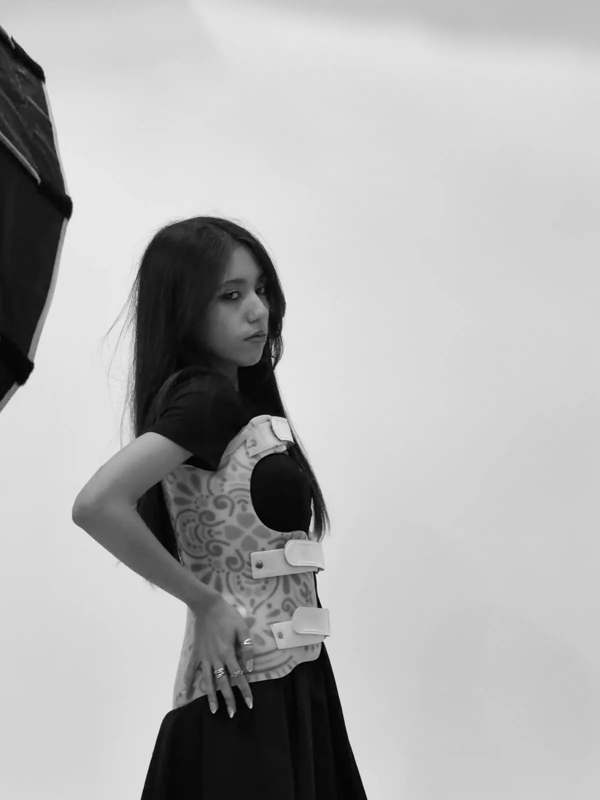 Aya Zerouali wearing the medical corset that inspired elements of her “Perfectly Broken” collection / Courtesy of Aya Zerouali 
