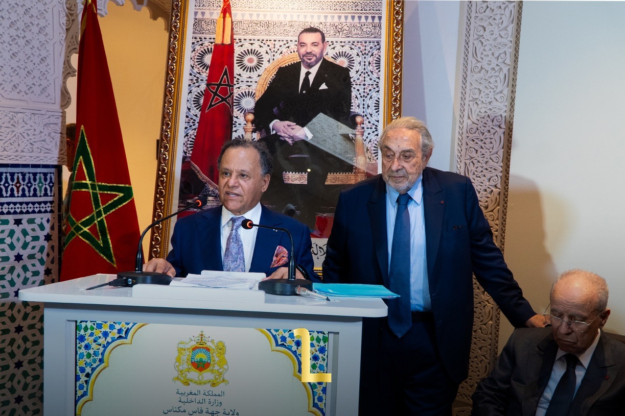 Mehdi Qotbi, President of the National Foundation of Museums, and Serge Berdugo, Founding President of the Foundation for Judeo-Moroccan Cultural Heritage, during the inauguration of the Museum of Moroccan Jewish Culture in Fez. / MWN Photography Team